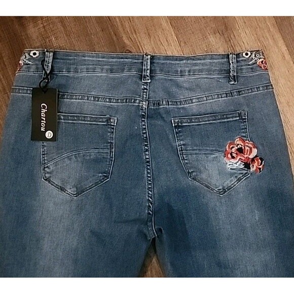 Charton Collection Jeans Womens Flare XL Med Wash Embroidered Flowers Wide-Leg - Picture 7 of 13